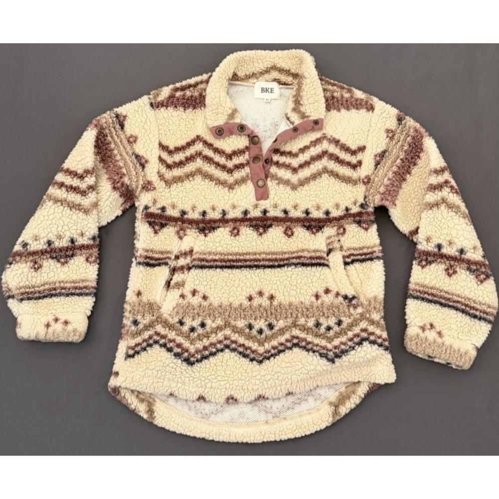 BKE Fleece Pullover Womens XS Multi Color Cozy Pocket 1/4 Button Sweater Western